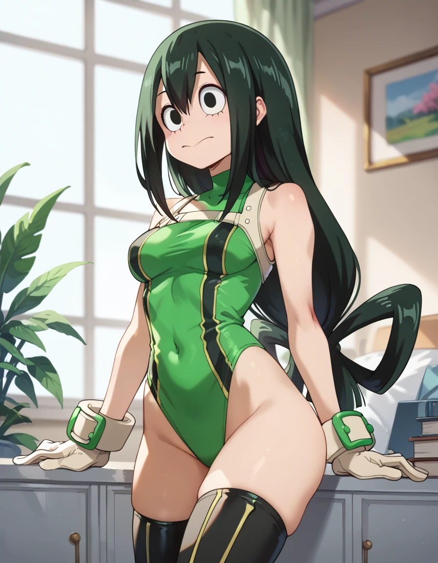 (side angle), Tsuyu Asui, petite-body, costume, froppy costume, slender body, tiny waist. sexy body, sexy figure, slim thighs, sexy, tiny waist, desireable, tempting, lust