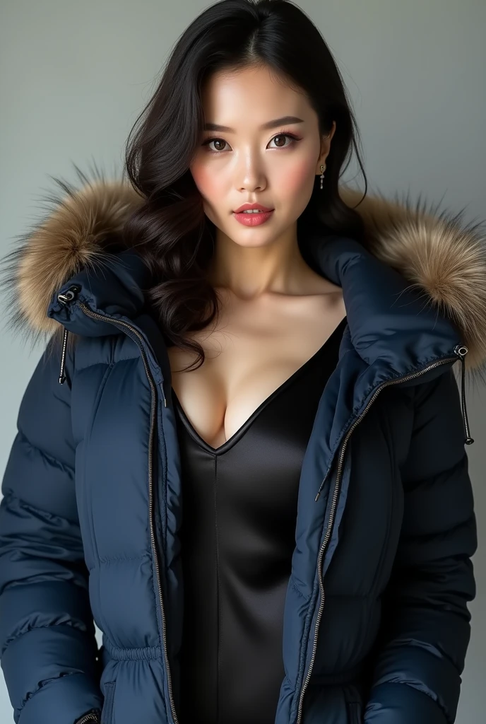 ((best quality)), ((masterpiece)), (detailed), perfect face, beautiful Japanese woman, silk tight navy blue moncler puffer coat, seductive, aroused, mouth open, ahegao, curvy figure, ((tight puffer coat)), fur hood, silk bra, large breasts, (open coat), cleavage, thick bra straps, photograph, shiny coat, satin, soft to the touch