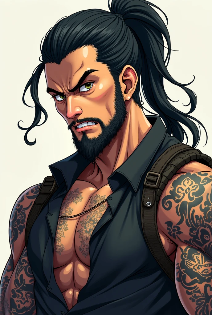 anime style drawing of a man,90m high, with a robust and muscular body, skin tanned,long, tousled hair falling in messy waves to the shoulders dark tone, wearing no shirt, muscular chest, greeneyes, defined abs, (Ranni), (bloodstains), bruised, cutoffs, (ematomas) expression of contempt and a cruel smile, tattoos that snake across his arms and chest, mãos enbloodstainsntadas.