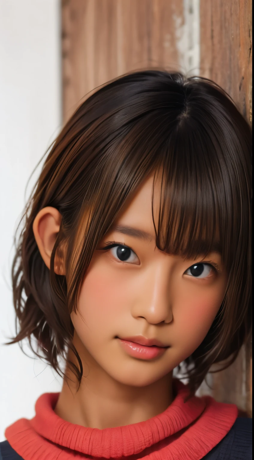 solo、美しいLarge Breasts、Light brown eyes, Light black hair、Short Hair、Beautiful Girl、Tanned dark skin、Beautiful thick pink large lips、Large Breasts、Red knitted sleeveless turtleneck、close-up of face、Lots of sweat、See who's watching、Upper Body、Close-up、Close-up