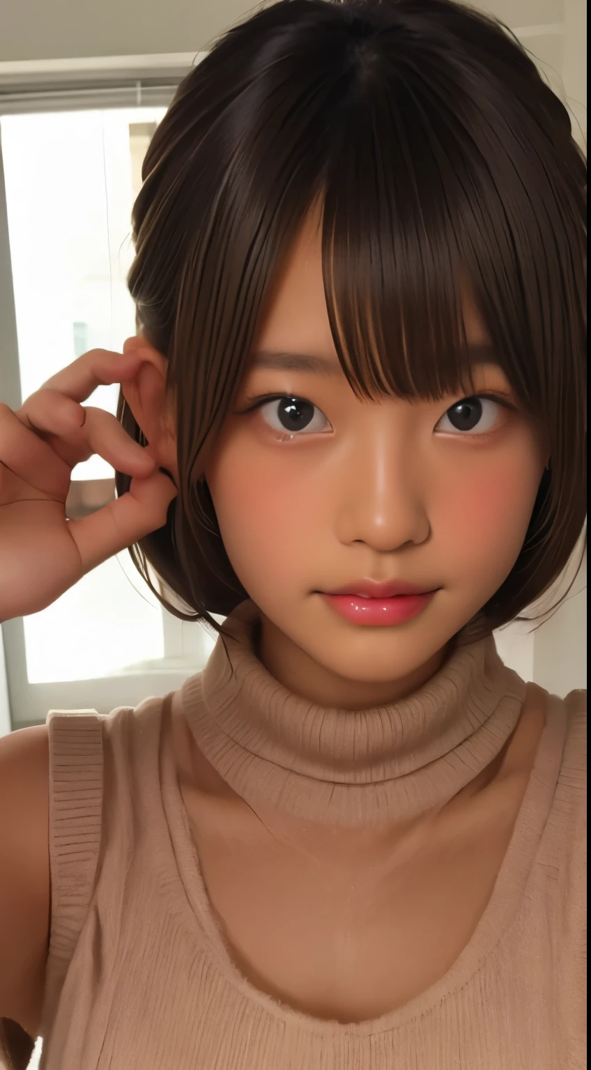 solo、美しいLarge Breasts、Light brown eyes, Light black hair、Short Hair、Beautiful Girl、Tanned dark skin、Beautiful thick pink large lips、Large Breasts、Red knitted sleeveless turtleneck、close-up of face、Lots of sweat、See who&#39;s watching、Upper Body、Close-up、Close-up
