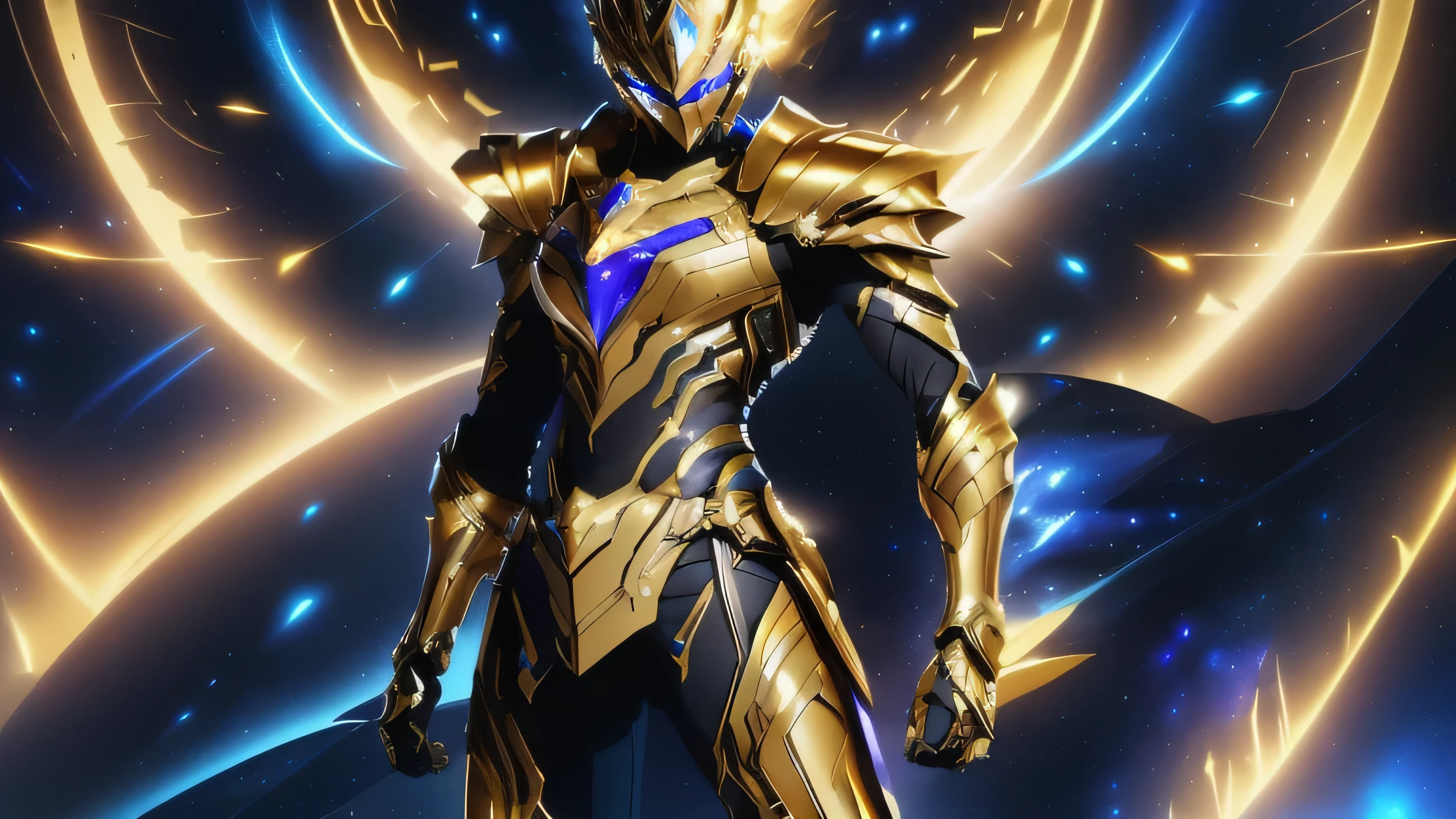 It's a man. The image presents a highly detailed and futuristic armor designed for a male warrior. The armor combines elements from different parts to create a cohesive and powerful look. Helmet: The helmet features a sleek, aerodynamic design with a golden metallic finish. It has a central crest that rises upwards, and the visor glows with a bright blue light, giving it a high-tech, futuristic appearance. Pauldrons (Shoulder Pads): The shoulder pads are designed to be close to the chest, with angular lines extending smoothly toward the shoulders. They have a polished golden finish and curve elegantly upward, creating a harmonious transition between the chest and shoulders, while providing a majestic and protective look. Chest Plate: The chest plate is intricately segmented, with a combination of gold and dark metallic blue. It has a gem-like crystal in the center that emits a soft, mystical glow. The design of the chest plate is both protective and regal, with sharp, angular lines that add to the overall futuristic aesthetic. Arm Guards: The arm guards are sleek and streamlined, with articulated golden and purple segments that offer flexibility and protection. The design of the gauntlets is both robust and elegant, incorporating futuristic elements that blend with the classic style. Leg Armor: The legs are armored with segmented plates that are primarily gold and purple. The boots are angular and sturdy, with a design that conveys both strength and agility. The overall look of the leg armor is grounded yet sleek, completing the ensemble with a powerful stance. The background of the image is a dark cosmic scene, filled with distant stars and nebulae that highlight the polished surfaces of the armor. Dynamic lighting is used to emphasize the key features, particularly the glowing visor and central chest gem, reinforcing the mystical and imposing nature of the warrior.