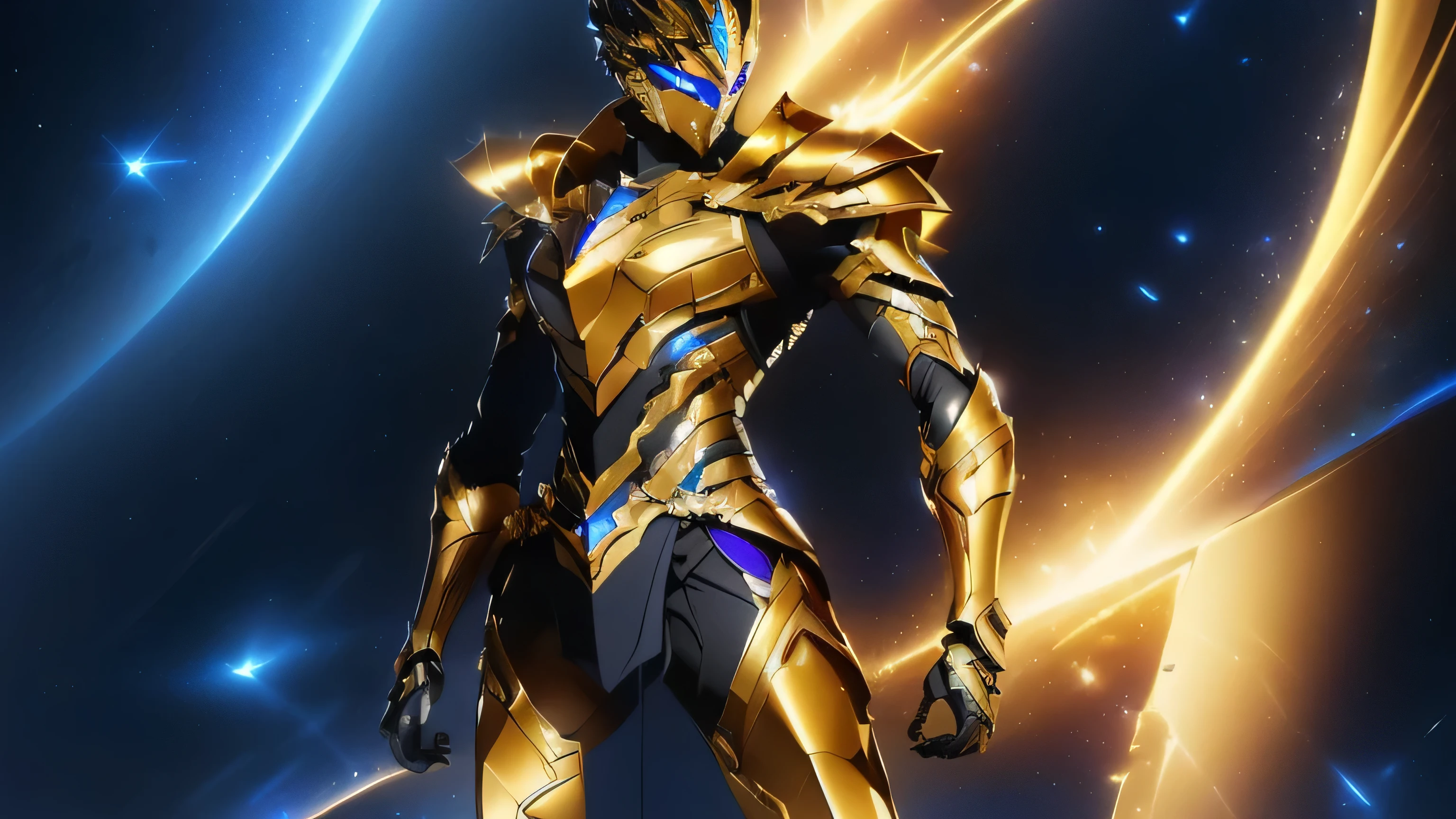 It's a man. The image presents a highly detailed and futuristic armor designed for a male warrior. The armor combines elements from different parts to create a cohesive and powerful look. Helmet: The helmet features a sleek, aerodynamic design with a golden metallic finish. It has a central crest that rises upwards, and the visor glows with a bright blue light, giving it a high-tech, futuristic appearance. Pauldrons (Shoulder Pads): The shoulder pads are designed to be close to the chest, with angular lines extending smoothly toward the shoulders. They have a polished golden finish and curve elegantly upward, creating a harmonious transition between the chest and shoulders, while providing a majestic and protective look. Chest Plate: The chest plate is intricately segmented, with a combination of gold and dark metallic blue. It has a gem-like crystal in the center that emits a soft, mystical glow. The design of the chest plate is both protective and regal, with sharp, angular lines that add to the overall futuristic aesthetic. Arm Guards: The arm guards are sleek and streamlined, with articulated golden and purple segments that offer flexibility and protection. The design of the gauntlets is both robust and elegant, incorporating futuristic elements that blend with the classic style. Leg Armor: The legs are armored with segmented plates that are primarily gold and purple. The boots are angular and sturdy, with a design that conveys both strength and agility. The overall look of the leg armor is grounded yet sleek, completing the ensemble with a powerful stance. The background of the image is a dark cosmic scene, filled with distant stars and nebulae that highlight the polished surfaces of the armor. Dynamic lighting is used to emphasize the key features, particularly the glowing visor and central chest gem, reinforcing the mystical and imposing nature of the warrior.