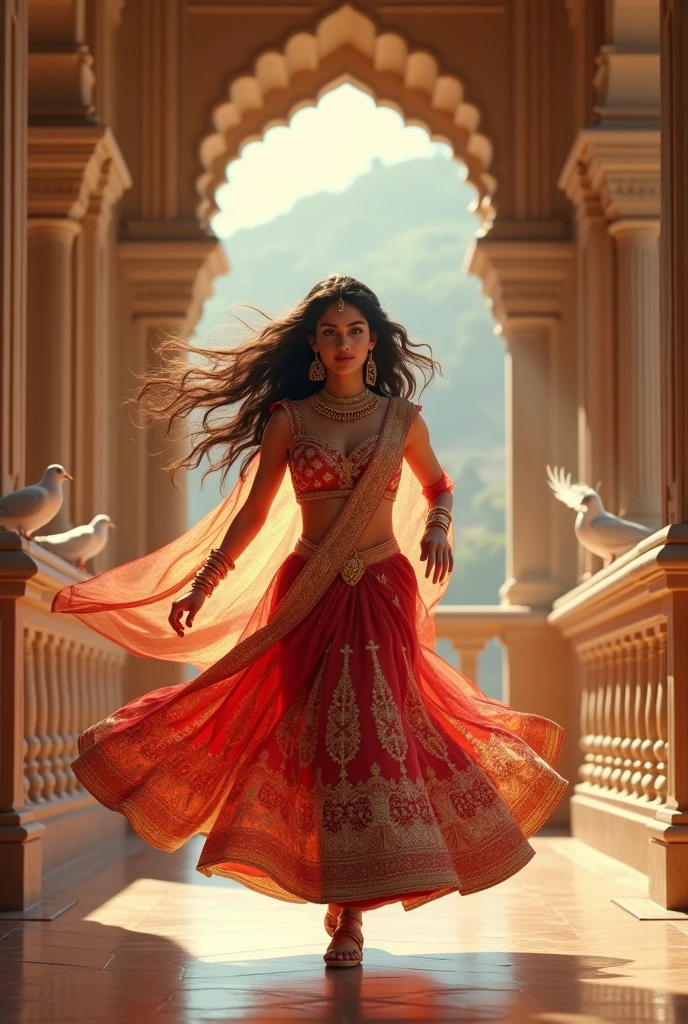 Create a video of a young woman who looks like a real Bollywood actress, performing a lively Bollywood dance. She should have natural, realistic features, wearing a colorful traditional outfit with flowing movements and expressive facial expressions that match the energy of the music."