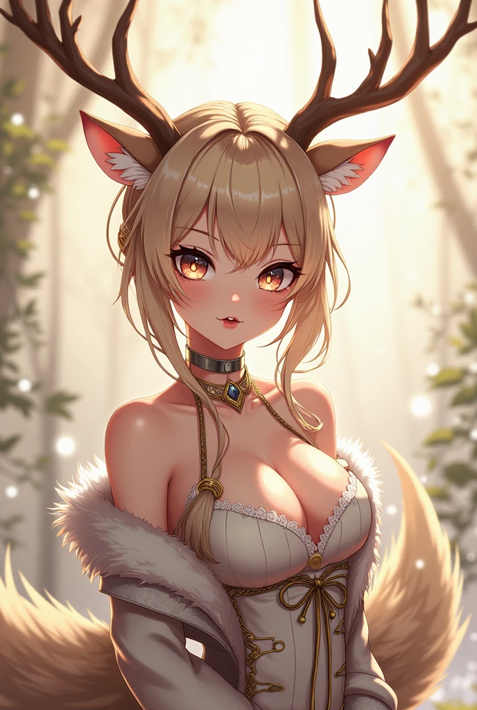 Beautiful werewolf girl with long golden hair, Brown eyes, big breasts, uhd, textured skin, super detail, high details, high quality,