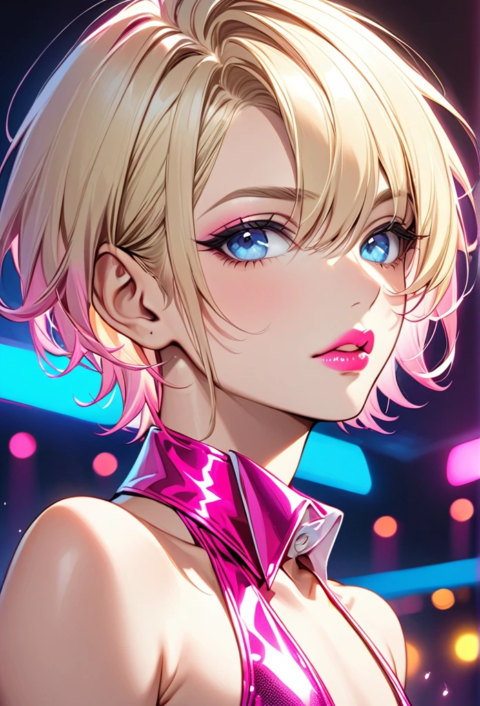 One feminine male with light blonde hair, with light blue eyes, with pink eyeshadow, he is wearing a stripper outfit pink,  he is flat chested like a man, he also has pericings, short hair; he has pretty pink lips.