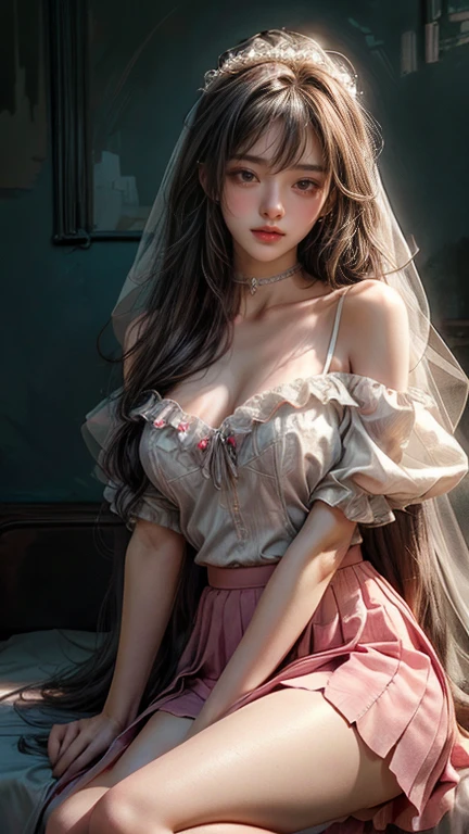 The art depicts a charming woman in a flowing, silky traditional oriental dress in pink, tight translucent trousers, decorated with intricate patterns and bright colors. Her dress drapes elegantly over her curvy figure, accentuating her seductive silhouette. She stood gracefully in the quiet courtyard, bathed in the soft glow of the moonlight. The scene exudes an ethereal and dreamy atmosphere, with a touch of mystery and sexiness. The graphic style blends watercolor and digital illustration techniques to evoke a refined beauty and charm. The lights are filled with soft moonlight, casting soft highlights and shadows on her charming features. Bare thighs, wearing tight translucent pants, large breasts, three-dimensional facial features, sitting, upturned legs, side braids