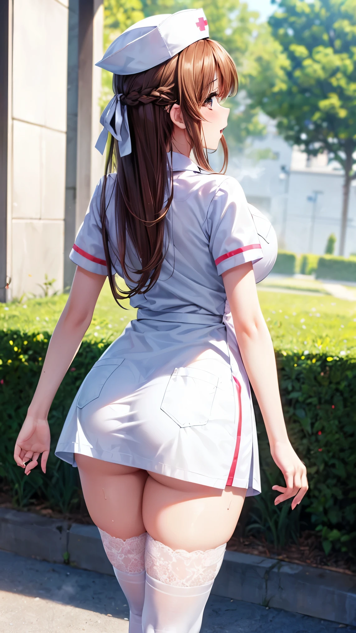 best quality,1girl,((big breasts:1.5)),((orgasm,blush,sweat,steam)),tongue out,ahegao, nanoha takamachi, takamachi nanoha, brown hair, long hair, ((straight hair:1.5)), blue eyes, ((nurse, nurse cap, breast pocket, collared dress, short dress, short sleeves, thighs, white dress, white headwear, mini skirt, lace legwear,pantylines:1.3)),walking,garden,from behind,