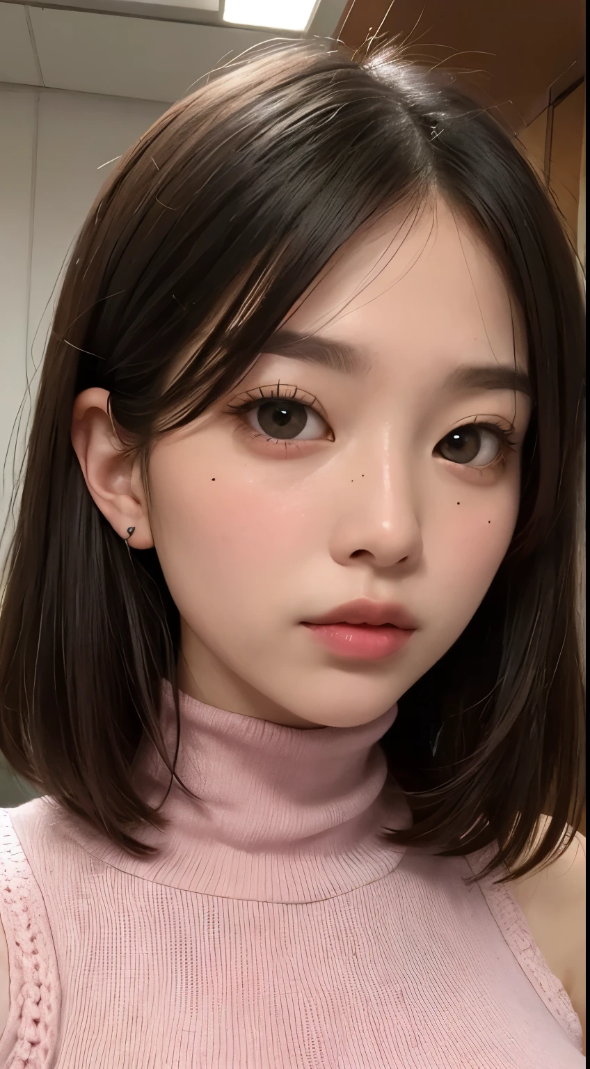solo、美しいLarge Breasts、Light brown eyes, Light black hair、Straight Long Hair、Bob、Hime cut、Beautiful Girl、Tanned dark skin、Beautiful thick pink large lips、Mole under right lip、Large Breasts、Red knitted sleeveless turtleneck、close-up of face、Lots of sweat、See who's watching、Upper Body、Close-up、Close-up