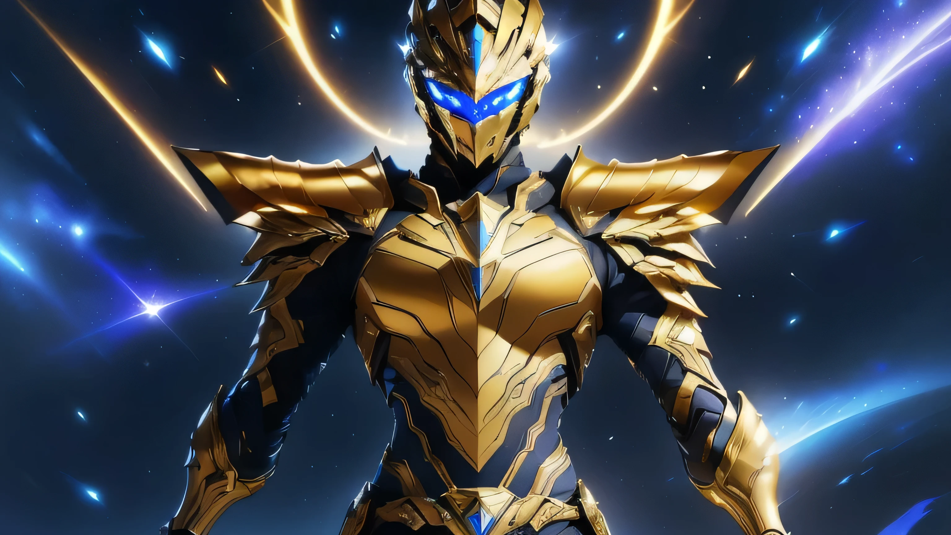 It's a man. The image presents a highly detailed and futuristic armor designed for a male warrior. The armor combines elements from different parts to create a cohesive and powerful look. Helmet: The helmet features a sleek, aerodynamic design with a golden metallic finish. It has a central crest that rises upwards, and the visor glows with a bright blue light, giving it a high-tech, futuristic appearance. Pauldrons (Shoulder Pads): The shoulder pads are designed to be close to the chest, with angular lines extending smoothly toward the shoulders. They have a polished golden finish and curve elegantly upward, creating a harmonious transition between the chest and shoulders, while providing a majestic and protective look. Chest Plate: The chest plate is intricately segmented, with a combination of gold and dark metallic blue. It has a gem-like crystal in the center that emits a soft, mystical glow. The design of the chest plate is both protective and regal, with sharp, angular lines that add to the overall futuristic aesthetic. Arm Guards: The arm guards are sleek and streamlined, with articulated golden and purple segments that offer flexibility and protection. The design of the gauntlets is both robust and elegant, incorporating futuristic elements that blend with the classic style. Leg Armor: The legs are armored with segmented plates that are primarily gold and purple. The boots are angular and sturdy, with a design that conveys both strength and agility. The overall look of the leg armor is grounded yet sleek, completing the ensemble with a powerful stance. The background of the image is a dark cosmic scene, filled with distant stars and nebulae that highlight the polished surfaces of the armor. Dynamic lighting is used to emphasize the key features, particularly the glowing visor and central chest gem, reinforcing the mystical and imposing nature of the warrior.