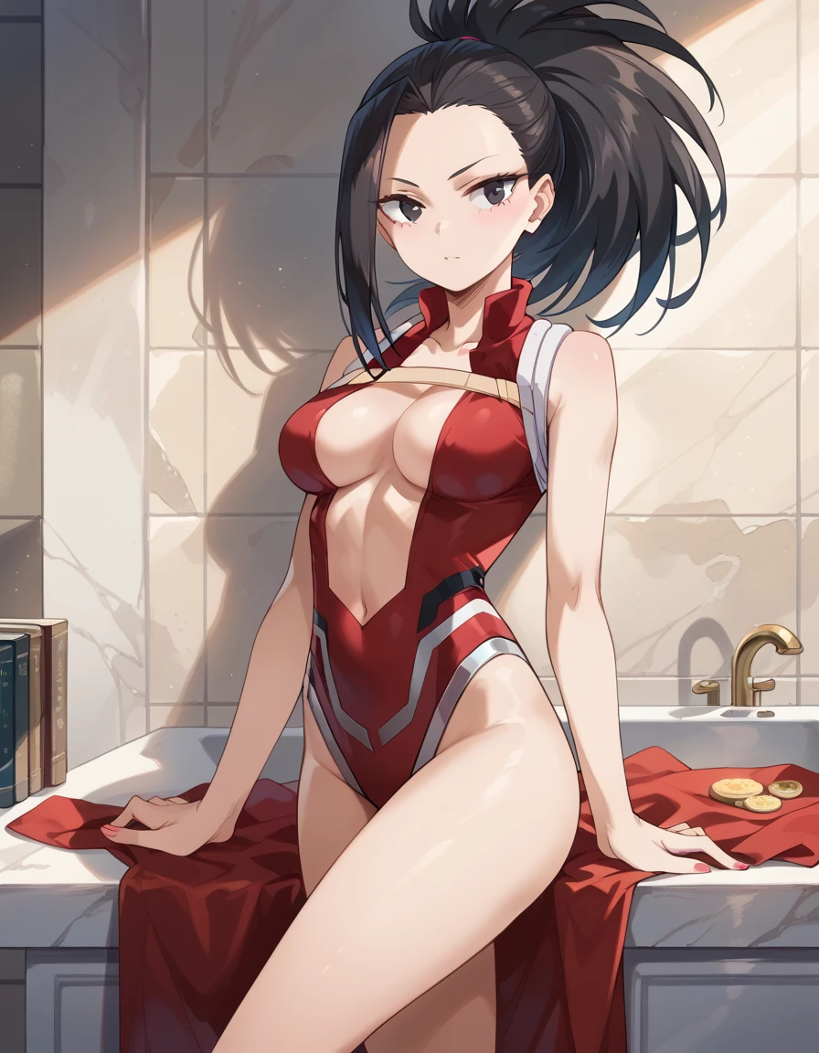 (side angle), slim body, tall, yaoyorozumomo, black eyes, black hair, ponytail, long hair, hair pulled back, center opening, cleavage, red leotard, hero outfit, slender body, tiny waist big boobs. sexy body, sexy figure, slim thighs, sexy, tiny waist, desireable, tempting, lust