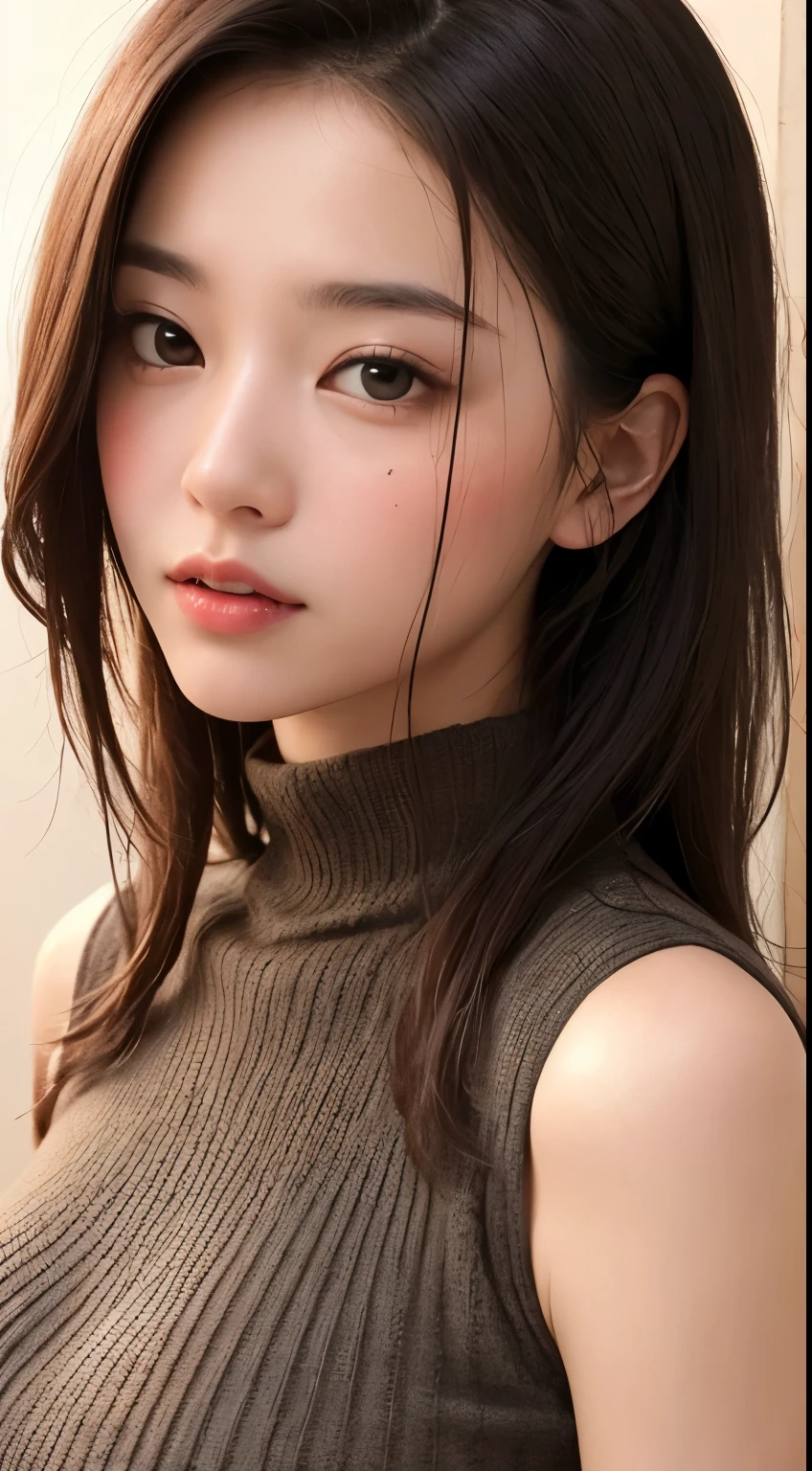 solo、美しいLarge Breasts、Light brown eyes, Light black hair、Straight Long Hair、Hime cut、Beautiful Girl、Tanned dark skin、Beautiful thick pink large lips、Mole under right lip、Large Breasts、Red knitted sleeveless turtleneck、close-up of face、Lots of sweat、See who&#39;s watching、Upper Body、Close-up、Close-up