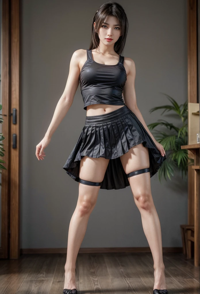 ,1girl,standing,facing viewer, brunette, short hair, smiling, fullbody, tall, large chest, muscular, boots, skirt, hands on waist, athletic, powerful, glasses, midriff