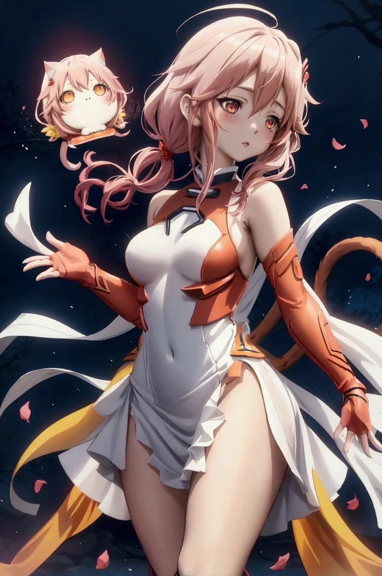 Anime girl, Yuzuriha Inori from guilty crown, (Cat Tail), ((wearing white dress)), masterpiece, 4k, best quality, hightly detailed, perfect body,