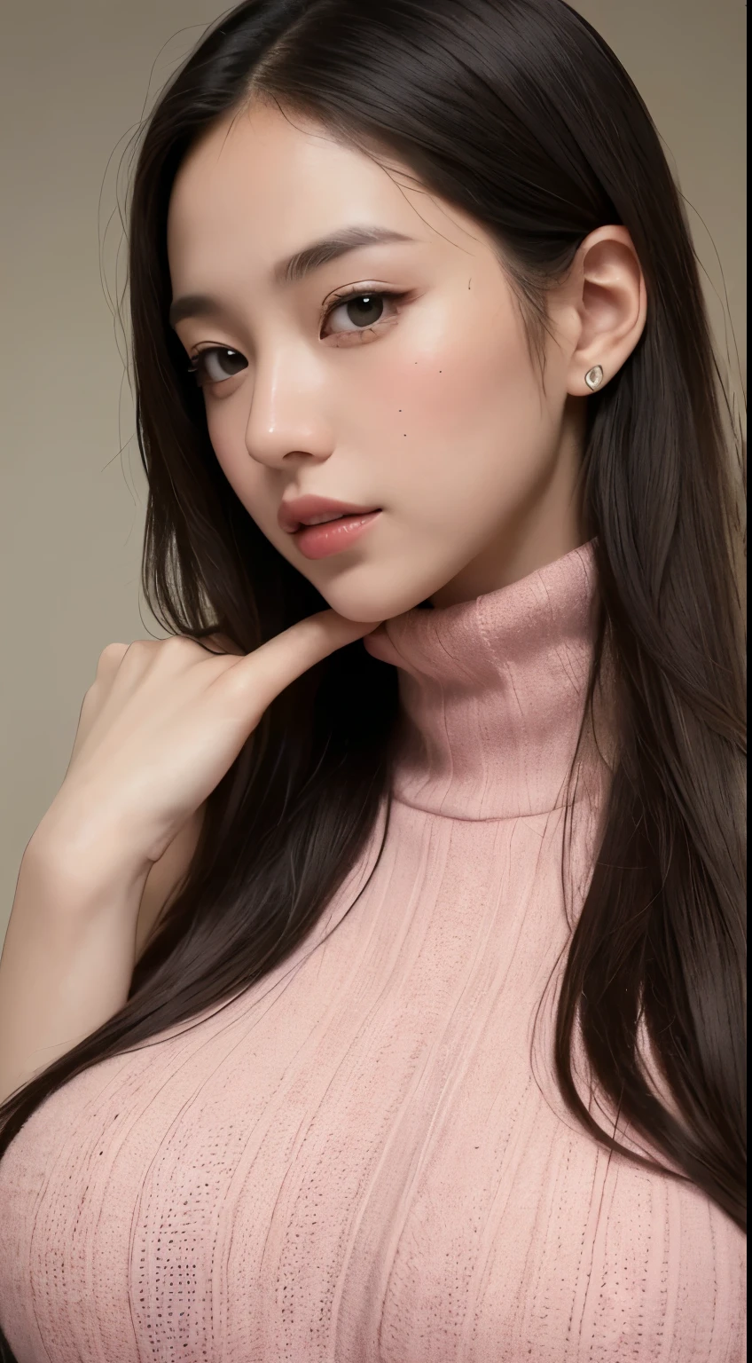 solo、美しいLarge Breasts、Light brown eyes, Light black hair、Straight Long Hair、Hime cut、Beautiful Girl、Tanned dark skin、Beautiful thick pink large lips、Mole under right lip、Large Breasts、Red knitted sleeveless turtleneck、close-up of face、Lots of sweat、See who's watching、Upper Body、profile、Close-up、Close-up