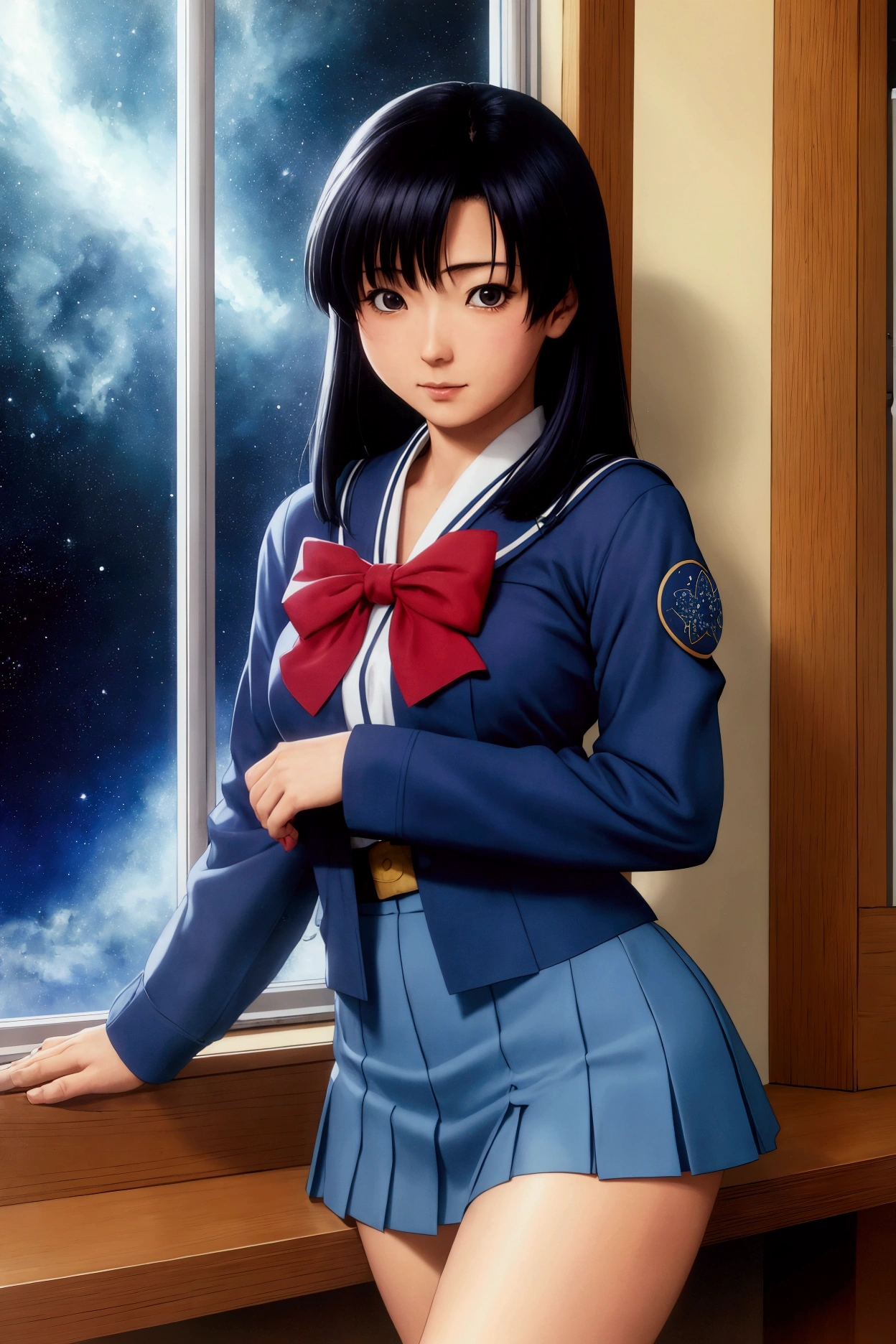 Keiko Takemiya, Jean Charlot, Victor-Armand Poirson, Alexandre Alexeieff full colours, Katsuya Terada, Surrealism, Mysterious, Weird, Outlandish, Fantasy, Sci-fi, Japanese Anime, Outside the window is a cold stardust storm, your body is in a warm library, your heart is in a book, a beautiful high school girl in a miniskirt