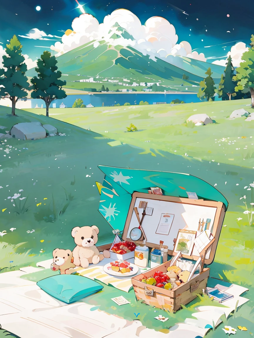 anime background, Ghibli background style, digital art、Yuru Chara style、Cute illustration, Teddy bear sitting on picnic mat，picnic basket，jam，Toast, soft的soft, [[cream, Giorgio Morandi Colors, thick line graph, Full-color illustration, Picnic in the forest, cover illustration, landscape，grassy fields，grassy(soft:1.0)，masterpiece，The best