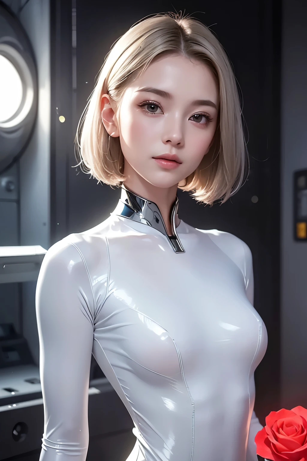 (((masterpiece)))、((((Best Quality))))、(((Super detailed)))、(Photorealistic)、((Young beautiful woman))、((Very delicate beautiful face and eyes))、A lonely smile、Focus on the face、Silver grey short bob hair、Light turquoise eyes、Cyber girl in white latex cybernetic bodysuit、No exposed skin、Small breasts、Pure white space station room、The entire space is white and inorganic、A pale white light illuminates the whole、A single red rose is floating、A small round window shows the Earth floating in the dark space、A woman floats and swims in a space station in zero gravity、The future of the 25th century、Sharp Focus、Soft Focus、Fantastic beauty、Silence、