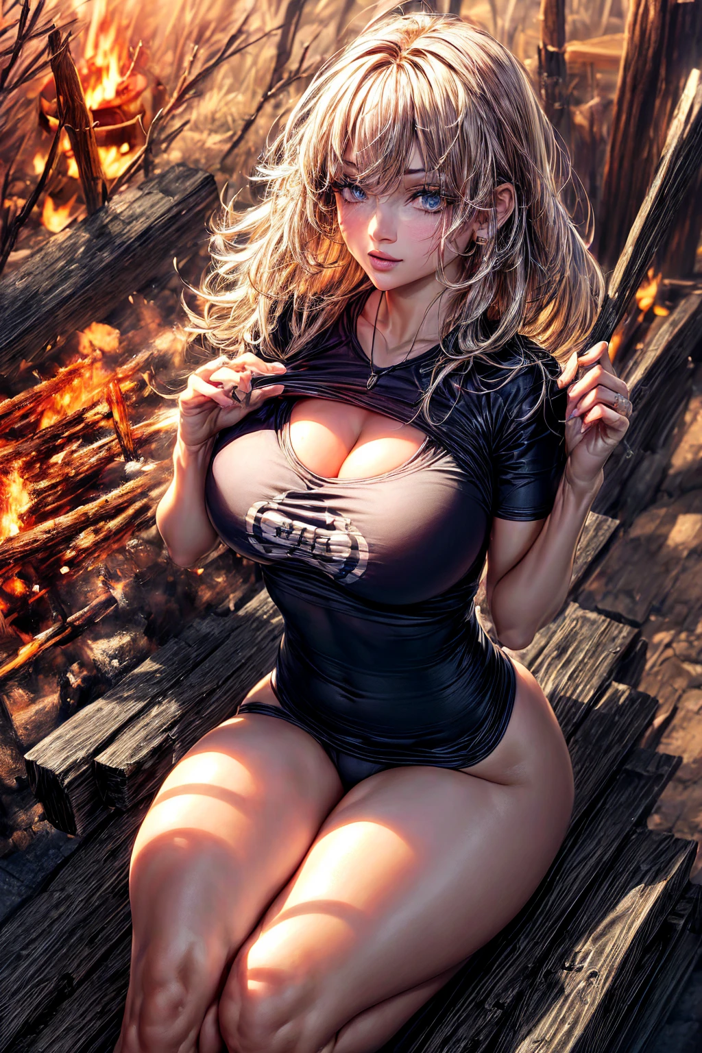 1girl, solo, extremely cute, Amazing face and eyes, (beautiful nice smile), blonde hair, (extremely detailed beautiful face), bright glossy lips, (T-shirt with loose chest:1.5), (Beautiful big breasts:1.7), (Best Quality:1.4), (Ultra-detailed), (Ultra realistic, photo-realistic:1.37), beautiful fair skin, extremely detailed CG unified 8k wallpaper, raw photos, professional photograpy, cinematic lighting, (Night scenery, quiet night forest), (bonfire, campfire:1.5), tent, (Silence, moonlight, night sky:1.3),