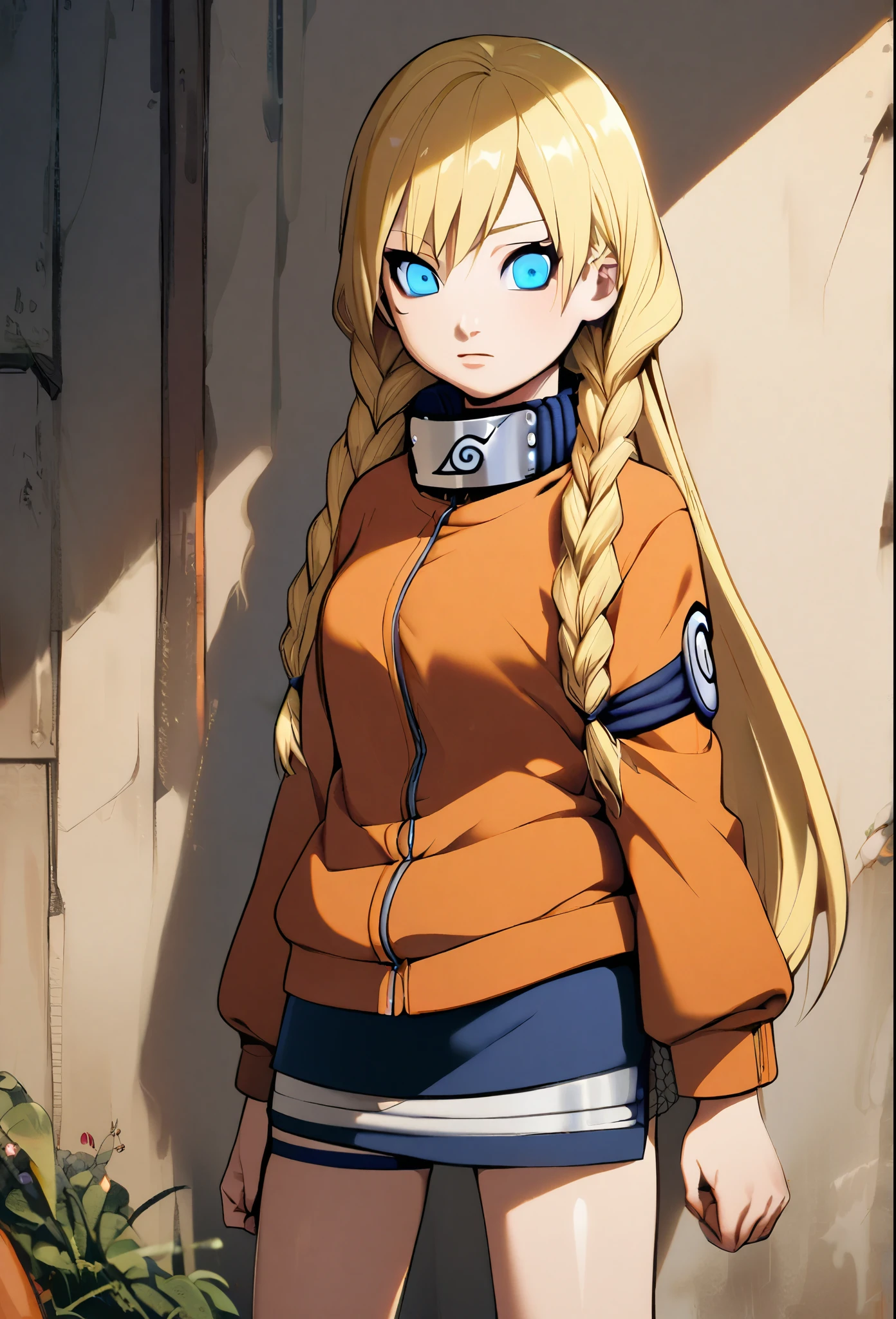 1girl, Alone, blonde hair, Long hair, Breasts, Blue eyes, double braids, Naruto, skirt, short shorts, orange jacket,  kid, genin 