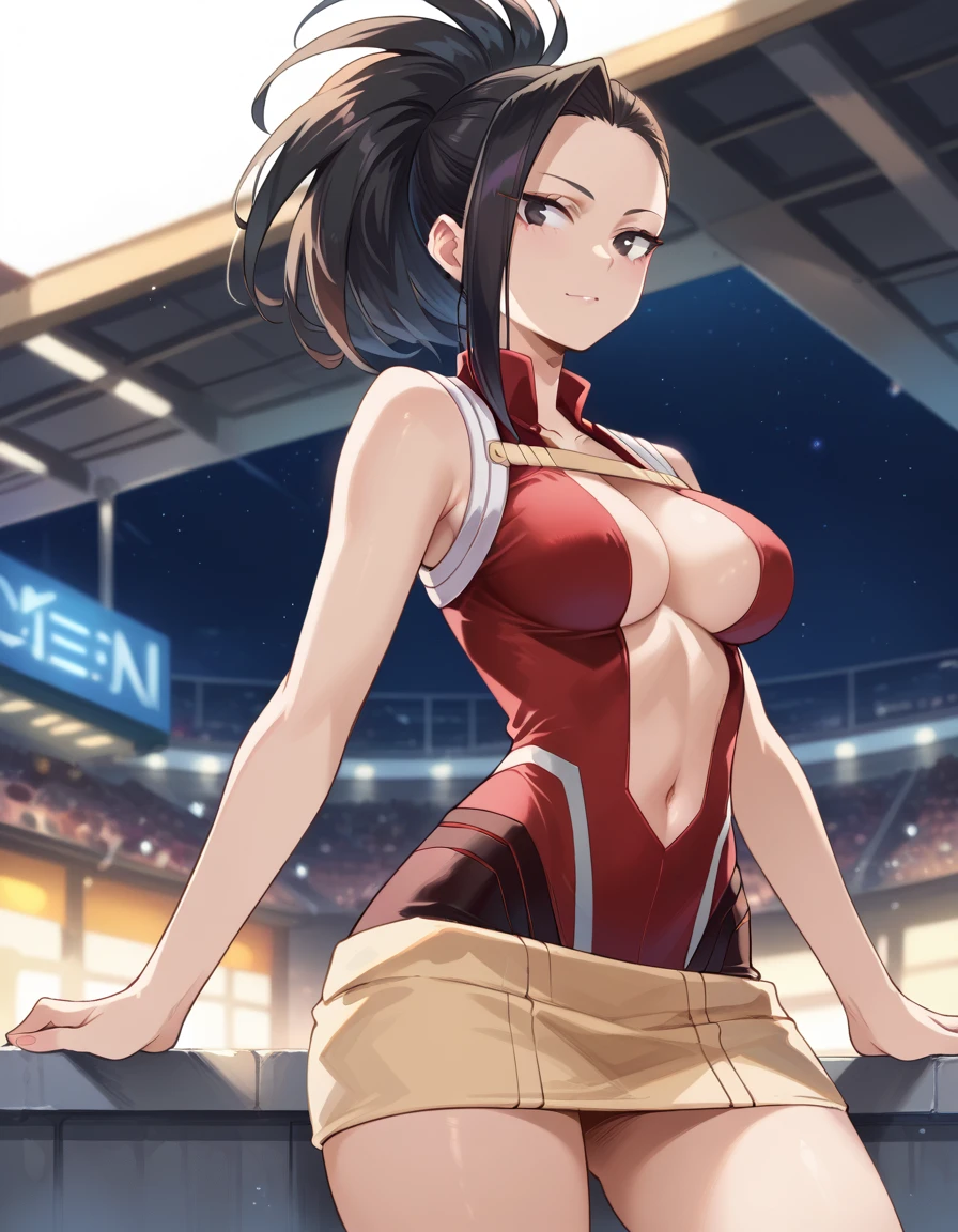 (side angle), slim body, tall, yaoyorozumomo, black eyes, black hair, ponytail, long hair, hair pulled back, center opening, cleavage, red leotard, hero outfit, slender body, tiny waist big boobs. sexy body, sexy figure, slim thighs, sexy, tiny waist, desireable, tempting, lust. sexy pose almost nsfw, revealing pose