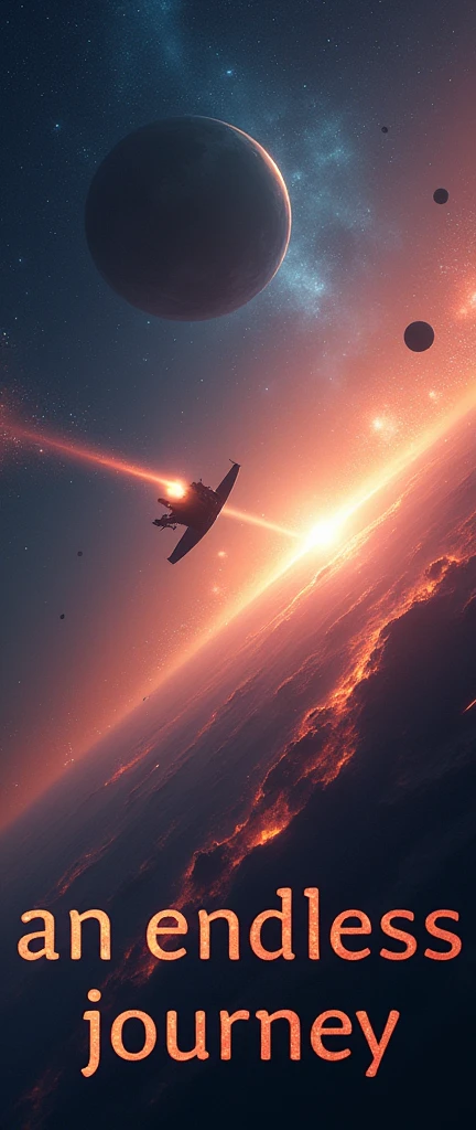 The words "an endless journey" written in small letters at the center of the screen, ((masterpiece, highest quality, Highest image quality, High resolution, photorealistic, Raw photo, 8K)), ((Extremely detailed CG unified 8k wallpaper)), A very small unmanned spacecraft leaves the solar system and travels to a new galaxy, science fiction movie posters, interstellar space,