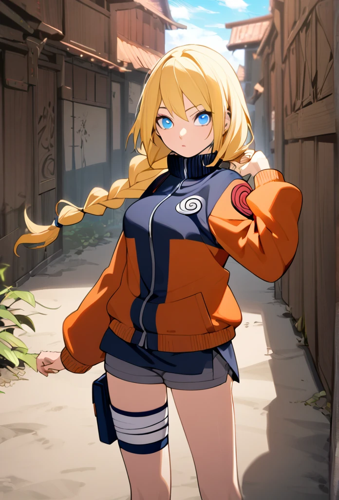 1girl, Alone, blonde hair, Long hair, Breasts, Blue eyes, double braids, Naruto, skirt, short shorts, orange jacket,  kid, genin 