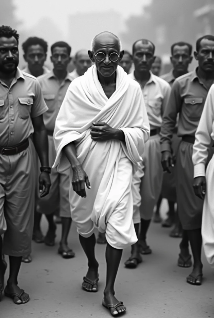 A black-and-white photograph style image of Gandhi walking in a peaceful protest, surrounded by followers, with Godse in the background, seemingly out of place, watching from a distance.Historical images looks