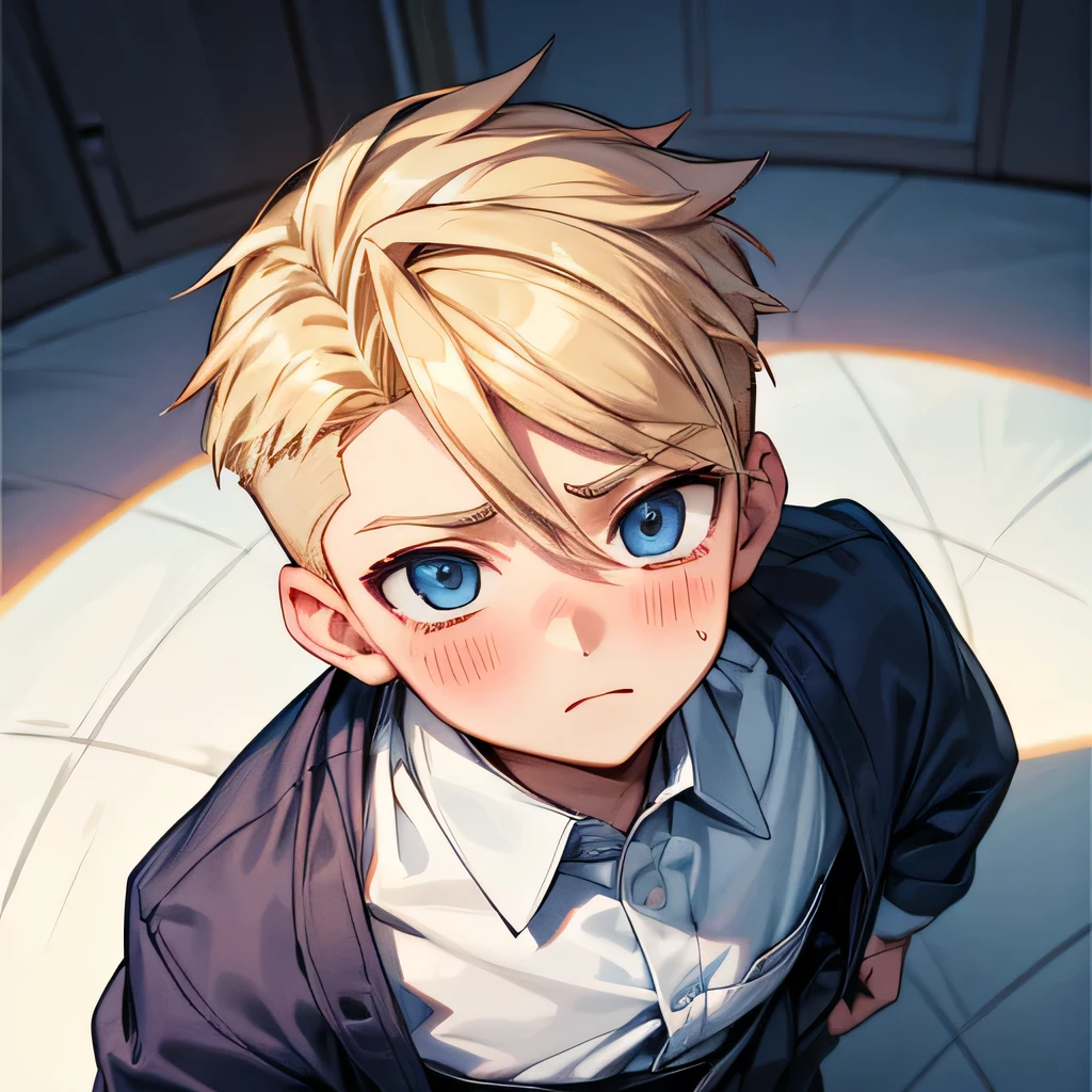 a handsome cute child boy 11yr blush pain passionate,undercut blond hair and blue eyes,webtoon style,,wearing cute clothes,from above