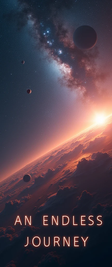 The words "an endless journey" written in small letters at the center of the screen, ((masterpiece, highest quality, Highest image quality, High resolution, photorealistic, Raw photo, 8K)), ((Extremely detailed CG unified 8k wallpaper)), A very small unmanned spacecraft leaves the solar system and travels to a new galaxy, science fiction movie posters, interstellar space,