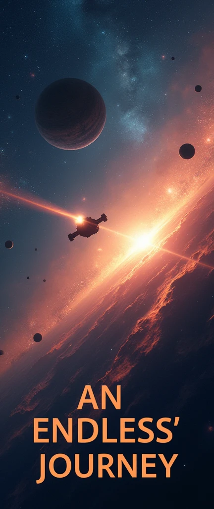 The words "an endless journey" written in small letters at the center of the screen, ((masterpiece, highest quality, Highest image quality, High resolution, photorealistic, Raw photo, 8K)), ((Extremely detailed CG unified 8k wallpaper)), A very small unmanned spacecraft leaves the solar system and travels to a new galaxy, science fiction movie posters, interstellar space,