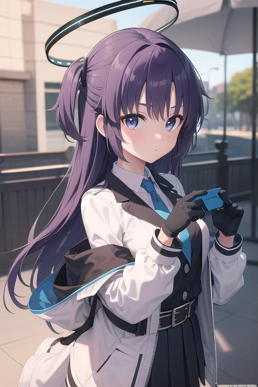 bluearchiveYuuka, Yuuka, blue eyes, halo, Purple Hair, Both sides up, Long Hair,
break belt, black gloves, black jacket, black skirt, blue tie, gloves, halo, jacket, tie, Off the shoulder, skirt, Double-sided fabric, two-sided jacket, White Belt, (white jacket:1.5),
break looking at viewer, 
break outdoors,
break (masterpiece:1.2), Best Quality, High resolution, unity 8k wallpaper, (figure:0.8), (Beautiful fine details:1.6), Highly detailed face, Perfect lighting, Extremely detailed CG, (Perfect hands, Perfect Anatomy),