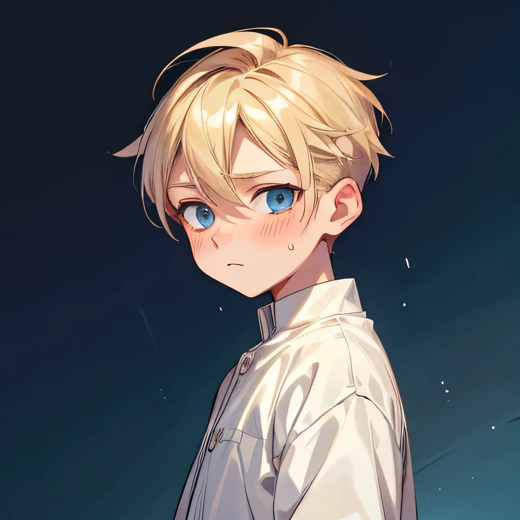a handsome cute child boy 11yr blush pain passionate,undercut blond hair and blue eyes,webtoon style,,wearing cute clothes,from side