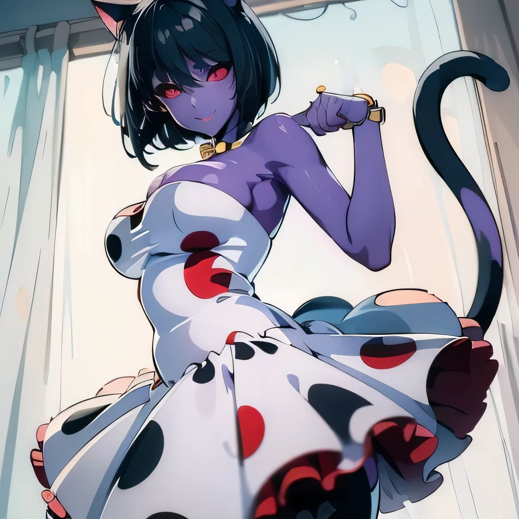  ((masterpiece,best quality,ultra-delicate,Perfect Face,16k,high resolution,very beautiful girl)), purple skin, cat ears, cat tail, 
polka dots pattern white strapless dress, polka dots pattern white tights, black short hair, red eyes,  large breasts, cute smile,claw pose