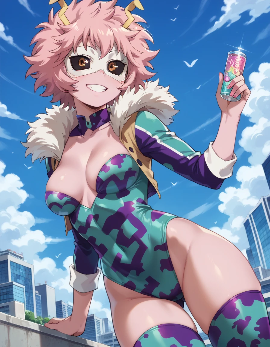 Ashido3, 1girl, solo, short hair, pink hair, colored skin, pink skin,horns, yellow eyes, colored sclera, black sclera, smile, breasts, large breasts, :d, teeth, cleavage, fur trim, bodysuit, cowboy shot, vest, collarbone, blush, open vest, unitard, armpits, bare shoulders, fur collar, outdoors, night, buildings, lights, balcony, (cyan unitard:1.1), hands in hips, (black sclera:1.2),clouds, glossy clothes, shinny clothes, sitting, sitting in, girl sitting, 
BREAK
masterpiece, best quality, highly detailed background, perfect lightingbest quality ((shiny skin, glossy skin, detailed skin)),
<lora:AshidoS3:0.9>