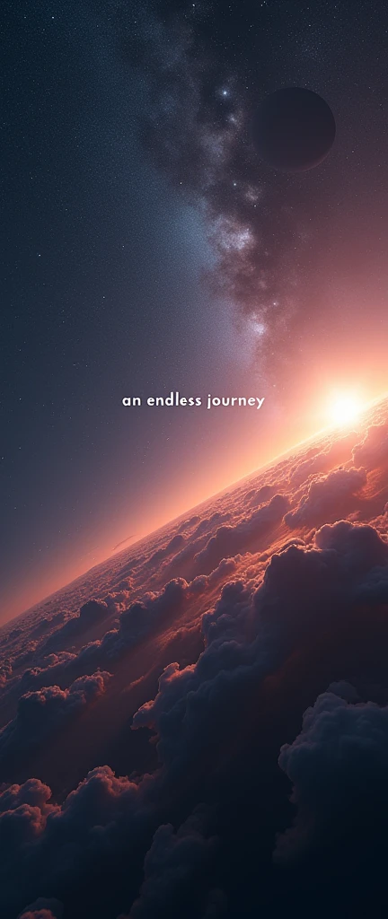 The words "an endless journey" written in small letters at the center of the screen, ((masterpiece, highest quality, Highest image quality, High resolution, photorealistic, Raw photo, 8K)), ((Extremely detailed CG unified 8k wallpaper)), A very small unmanned spacecraft leaves the solar system and travels to a new galaxy, science fiction movie posters, interstellar space,