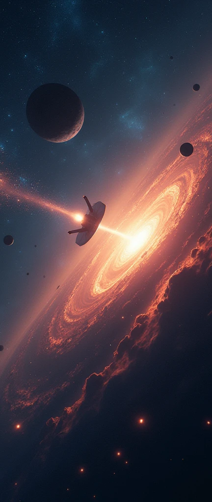 The words "an endless journey" written in small letters at the center of the screen, ((masterpiece, highest quality, Highest image quality, High resolution, photorealistic, Raw photo, 8K)), ((Extremely detailed CG unified 8k wallpaper)), A very small unmanned spacecraft leaves the solar system and travels to a new galaxy, science fiction movie posters, interstellar space,