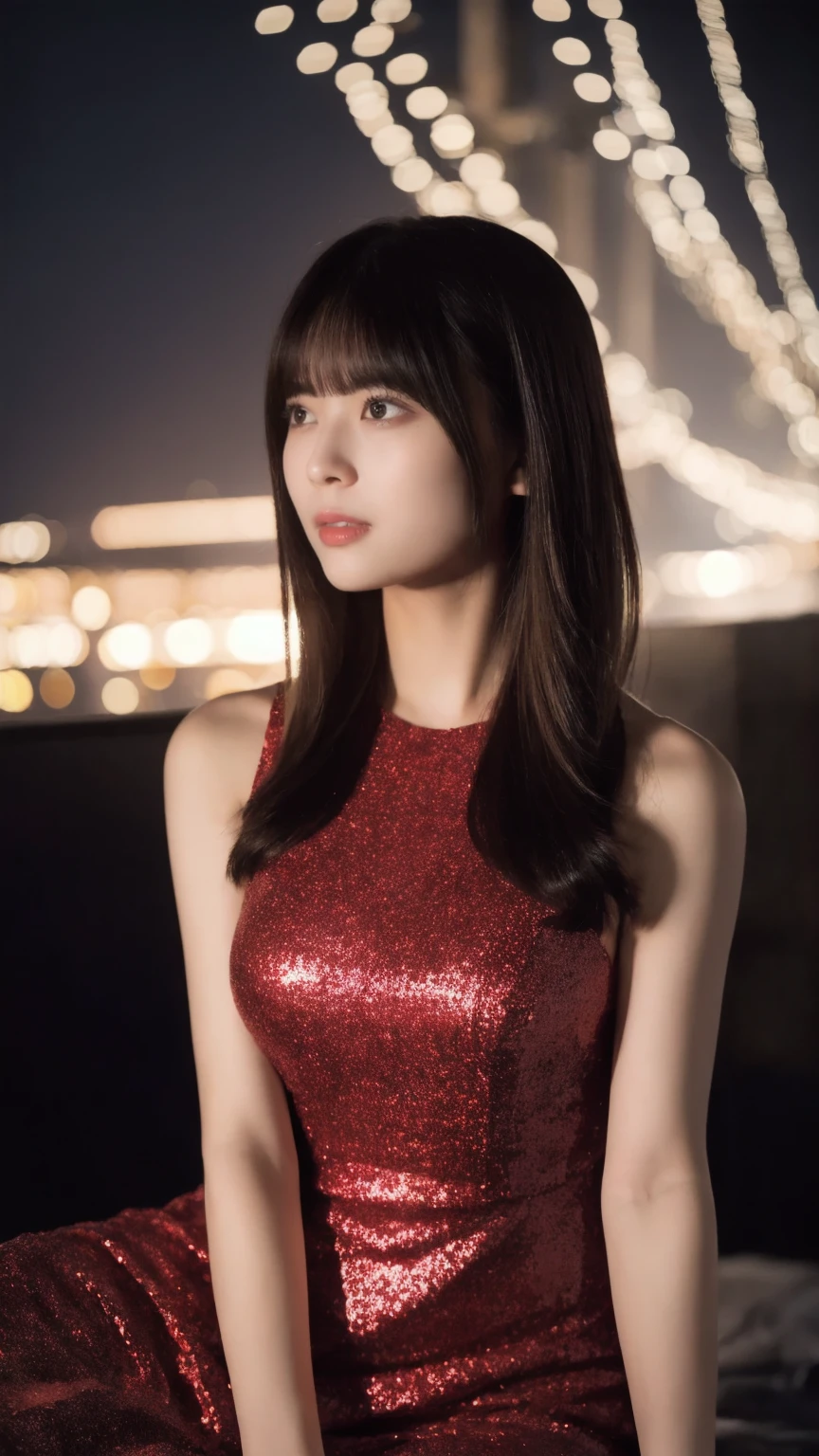 1girl,(wearing a red glittery evening mini dress:1.2),(RAW photo, best quality), (realistic, photo-realistic:1.4), masterpiece, an extremely delicate and beautiful, extremely detailed, 2k wallpaper, Amazing, finely detail, extremely detailed CG unity 8k wallpaper, ultra-detailed, highres, soft light, beautiful detailed girl, extremely detailed eyes and face, beautiful detailed nose, beautiful detailed eyes,cinematic lighting,city lights at night,slender body,(long hair with bangs), big breast:1.5, full body:1.4, sitting.