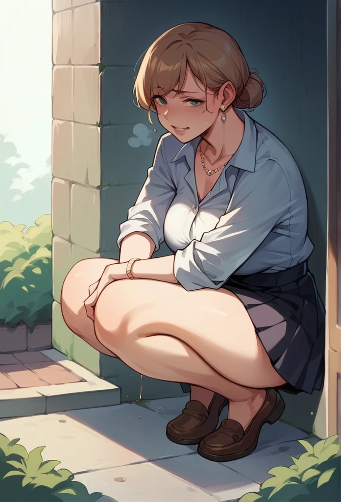 ​masterpiece、top-quality、hight resolution、Brown Shorthair, Sit with your knees bent 、in a school、((As if looking up from below))、Ashamed、((White lace panties wet with sweat))、