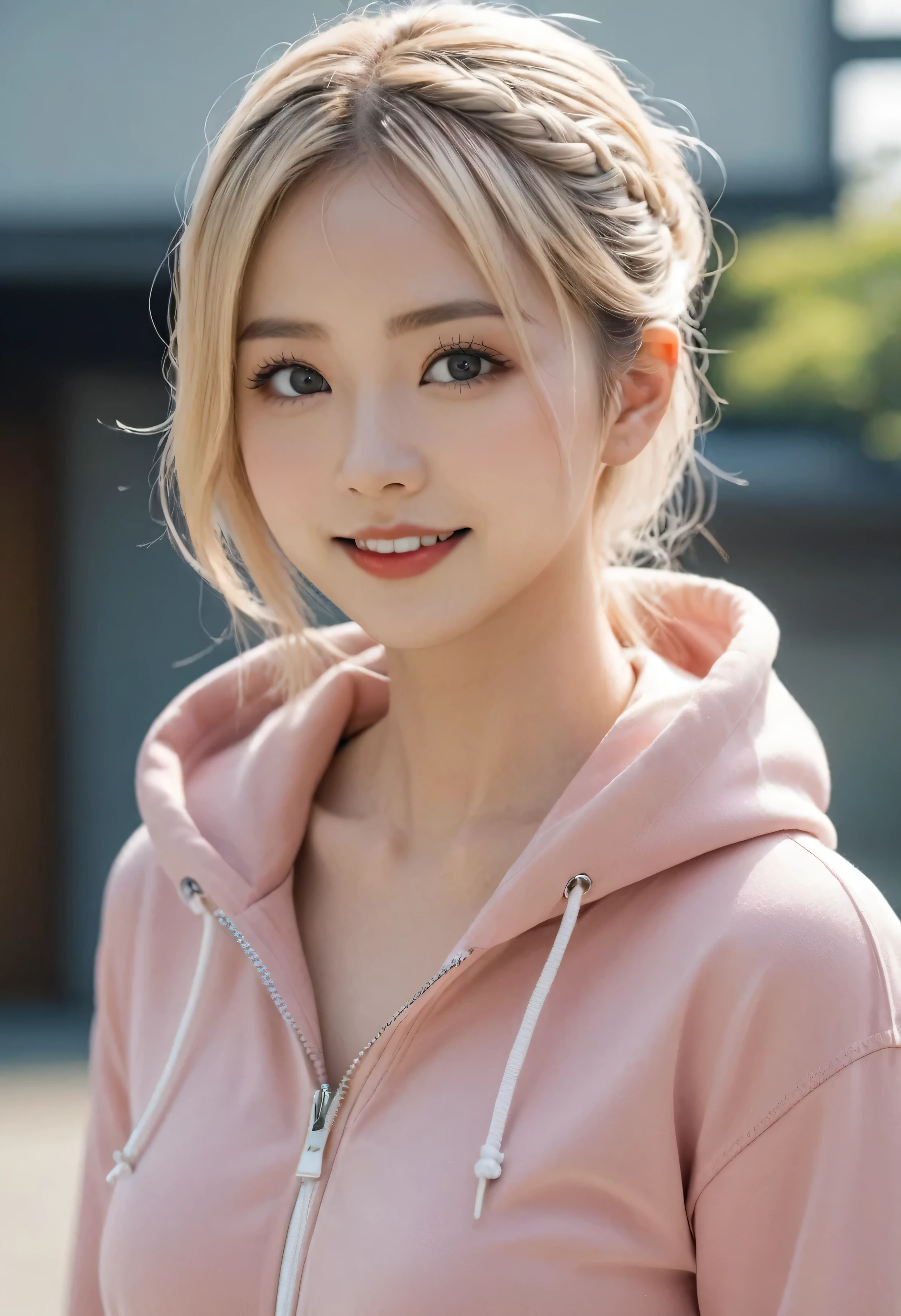 (UHD, retina, masterpiece, accurate, anatomically correct, textured skin, super detail, high details, high quality, award winning, best quality, highres, 8k, Surrealism:1.5) depth of field, full body, 1girl, Twenty five years old、A mature atmosphere、Very beautiful woman、japanese, Model、(She is wearing a bikini:1.3) (and a hoodie:1.1)、Slit eyes、Big Eyes、blonde hair, braided ponytail、Medium Hair、Smiling、I'm (on the beach)