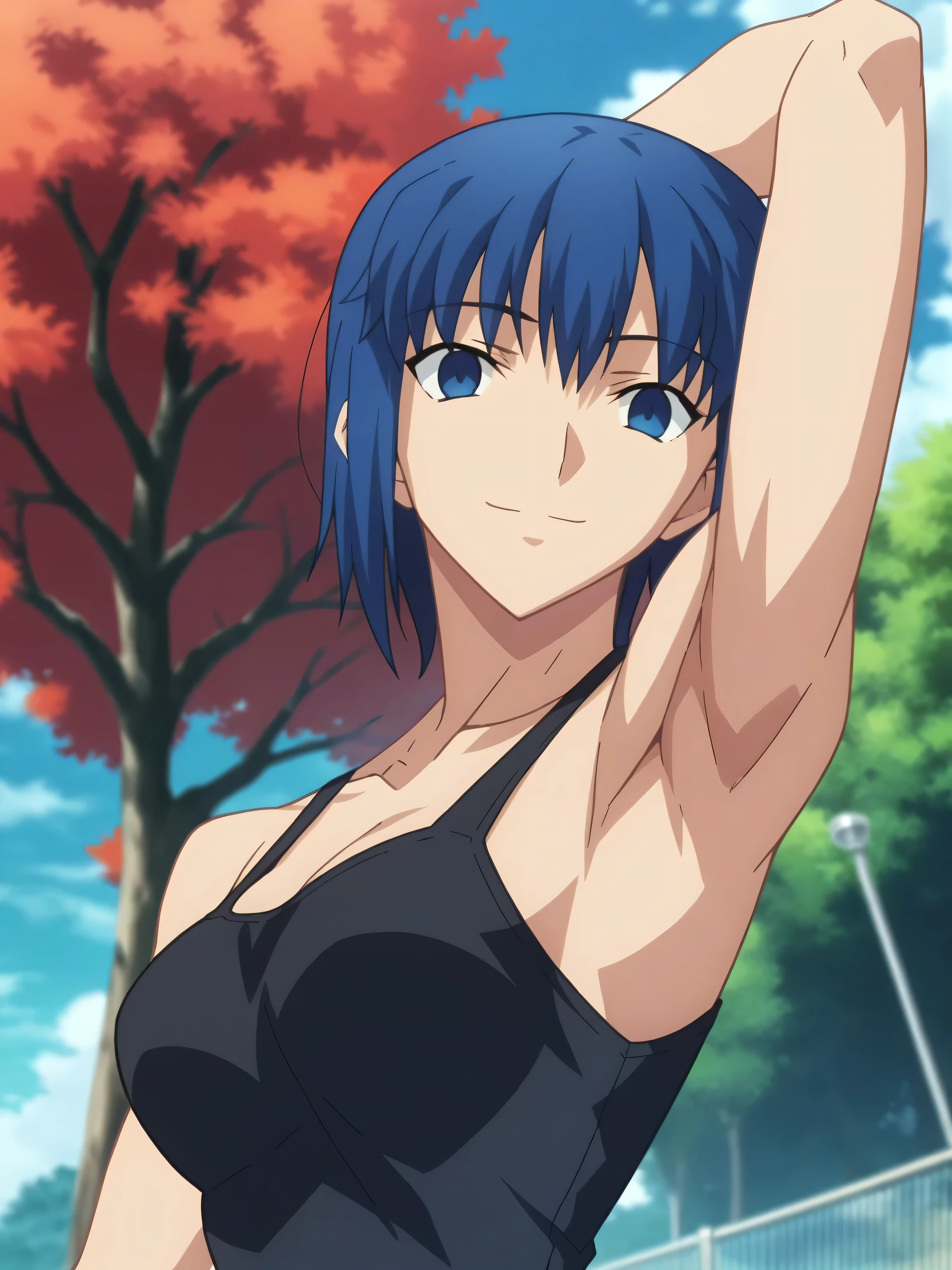 score_9, score_8_up, score_7_up, source_anime, anime screencap, outdoors, day, park, 1girl, solo, ciel, dark blue hair, tank top, black tank top, cleavage, collarbone, sleeveless, bare shoulders, bare arms, looking at viewer, head towards viewer, smile, closed mouth, arm behind head, from side, from below, fate_go_style