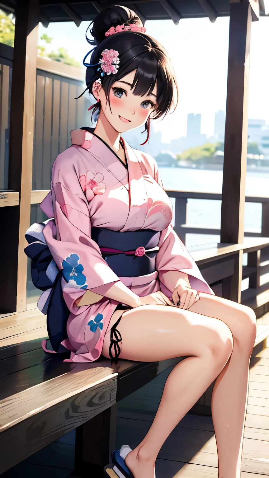 tatami、Sitting upright with shoulders exposed、Black Hair、hostel、kimono、stand、barefoot、skirtlift,pink panty