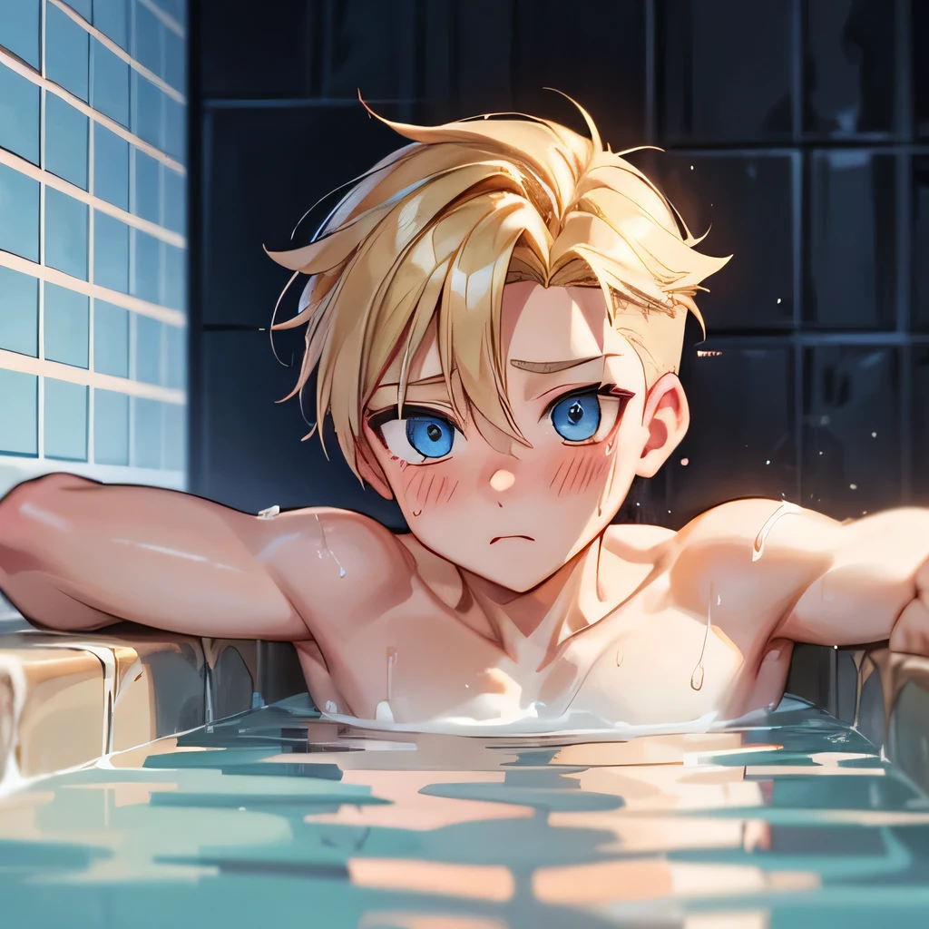 a handsome cute boy yr blush pain passionate,undercut blond hair and blue eyes,webtoon style,taking a bath,naked,from below