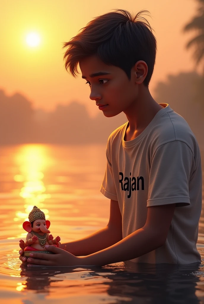 Celebrate janmastmi by boy 
Anjaney written on his tshirt
man age 20 A small statue of little krishna in his hand