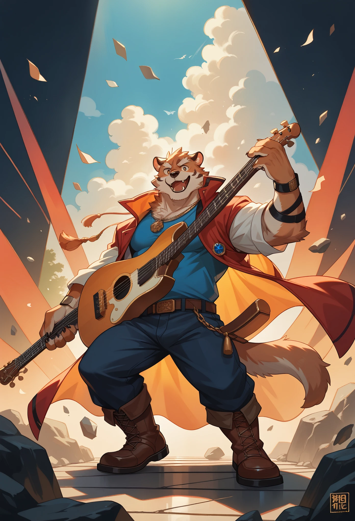 rating_safe, score_9, score_8_up, score_7_up, score_6_up, score_5_up, score_4_up, source_furry, highres, cover page, Rock Band Concerts, Musical instrument performance, Stage Performance, hot air, absurdres(kemono, 1boy, furry anthro)dramatic, epic, One scene of movie,