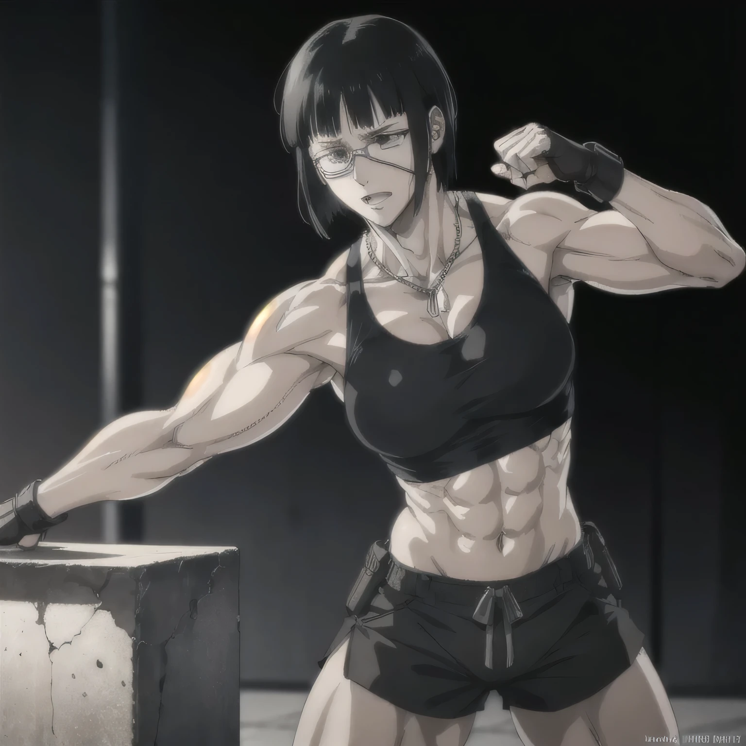 best quality,ultra-detailed,realistic:1.37),musclaur badass girl with sculpted body with preview her musclaur body and six-pack, full review of the female character's face and body, intense expression, strong and confident posture, studio lighting, vivid colors, physiologically-based rendering, grungy texture, rugged background, dust particles in the air, commanding presence, professional, powerful, gritty aesthetics,,Valmet،short hair, Chains necklace,Light reflection on shoulders,clean muscles،wearing black sport loose shorts and blue gym tank top,tattoos on shoulders،muscles review( girl solo),eyepatch,Shining muscles,eyes detailing,fat free body,veins in muscles,penis growth inside shorts,Photo session,Matching remix,training master,six-pack fit body,wearing black gym gloves, pouch boxing position,
