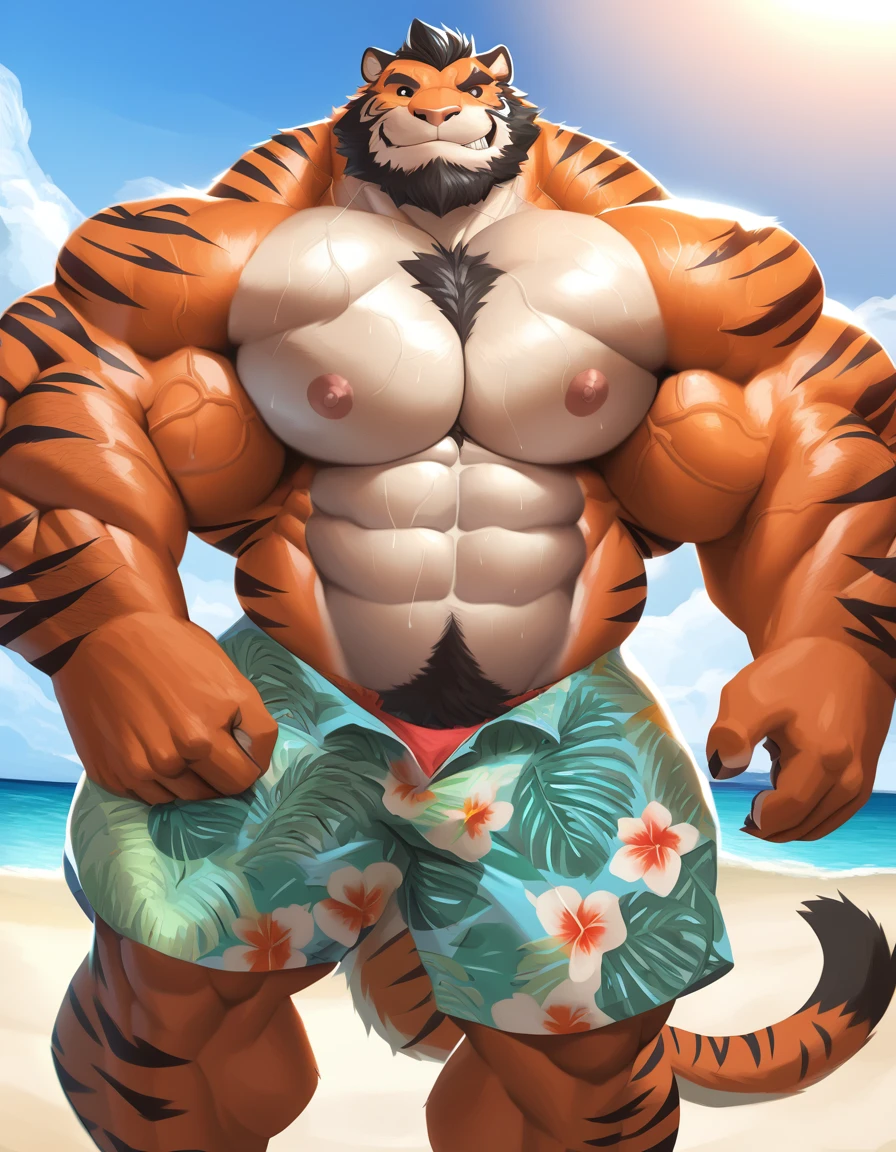 bara tiger, fur, very large pecs, mass, strong physique, very muscular, perfect anatomy, masterpiece, black beard, black eyes, strong jaw, giant biceps, shirtless, hairy pectorals, solo, great lighting, beach, shorts, hawaiian shirt