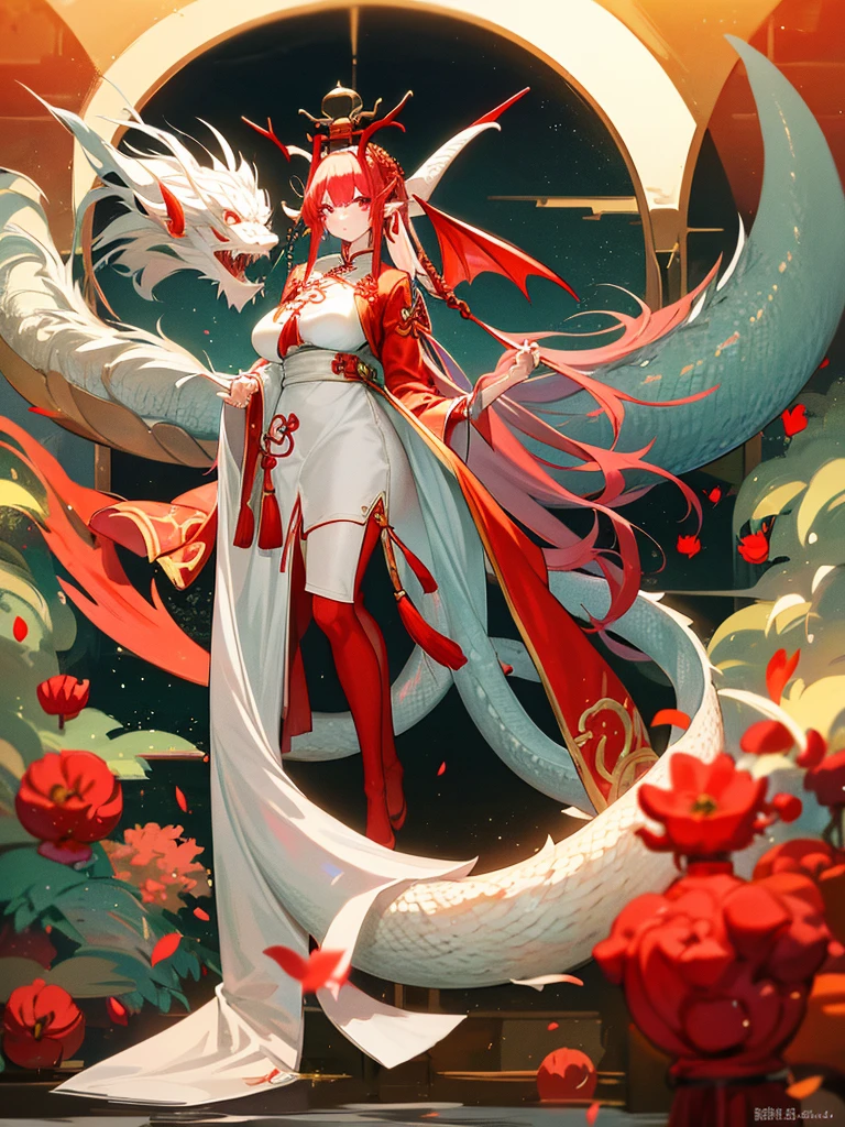 a dragon girl，White Dragon，Kang Jinlong，There is a dragon horn on his head，Chinese Clothing，Red clothes