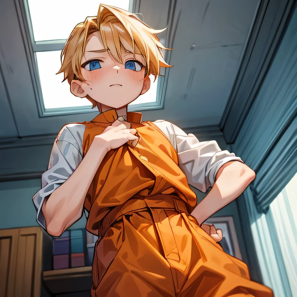 a handsome child cute boy 11yr blush pain passionate,undercut blond hair and blue eyes,webtoon style,wearing orange cloths,from below