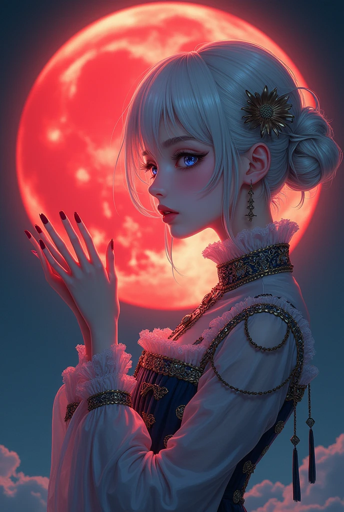 1 person, Beautiful Face, ((White eyes)), Sexy pose, Red moon in the background, performer, space, (Lightroom:1.13), Russ&#39;s outfit, (Natural skin texture:1.2), (Hyperrealism:1.2), Sharp focus, Focused,[[Realist]]